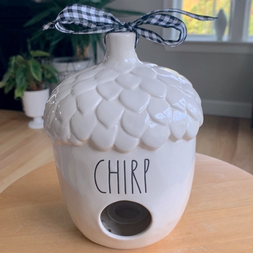 Rae Dunn “Chirp” Birdhouse with black and white gingham bow.